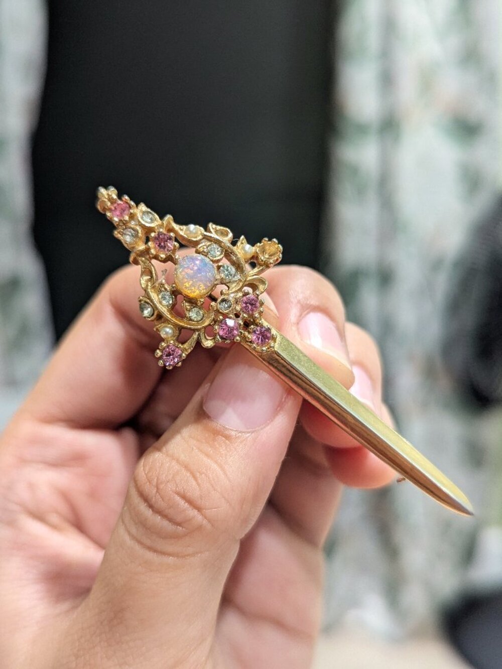 Vintage Sword Brooch with Opalite & Pink Rhinestones